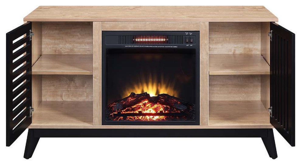 Benzara BM274623 47" Wood Console Table, LED Electric Fireplace, Oak Brown/Black