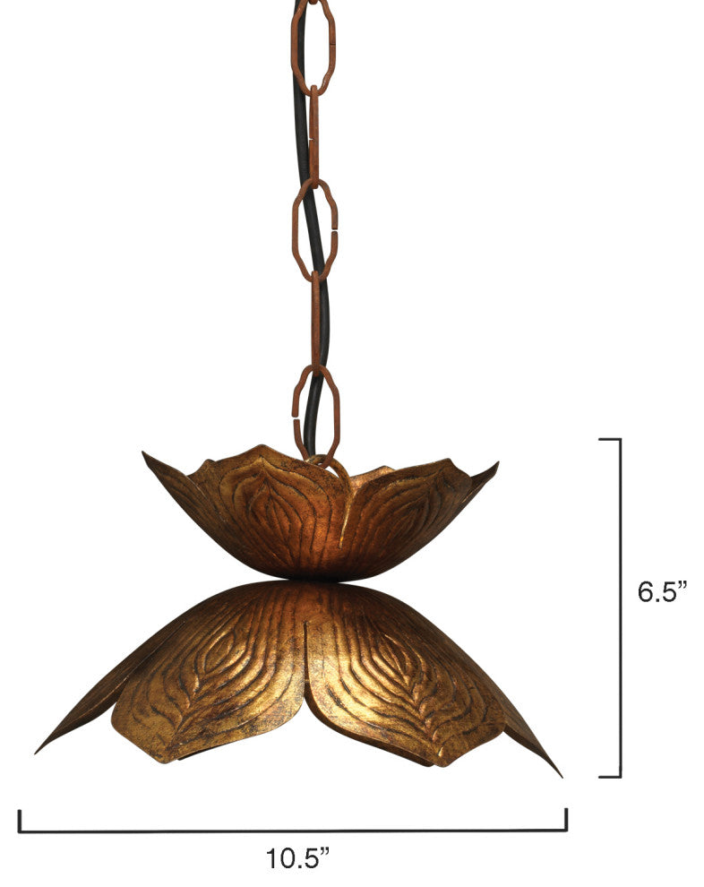 Flowering Lotus Iron 1-Light Pendant, Antique Gold, Small