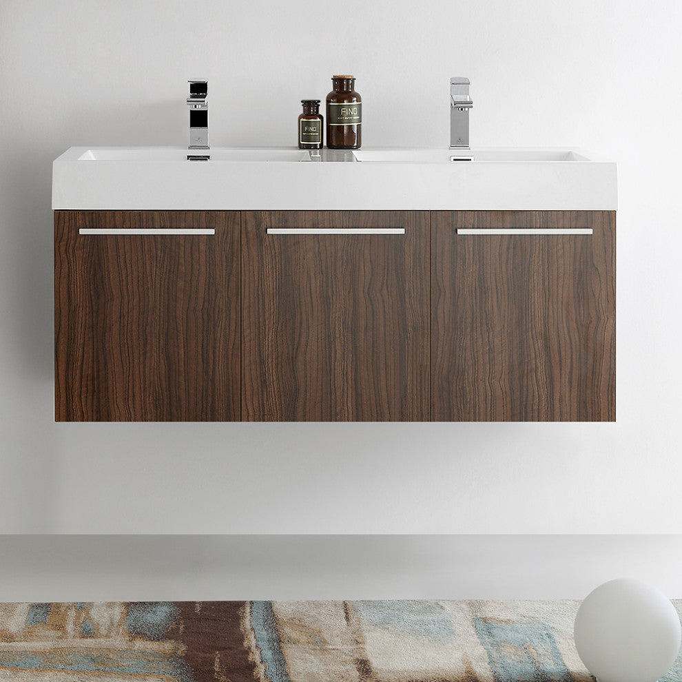 48" Walnut Wall Hung Double Sink Modern Bathroom Cabinet w/ Integrated Sink