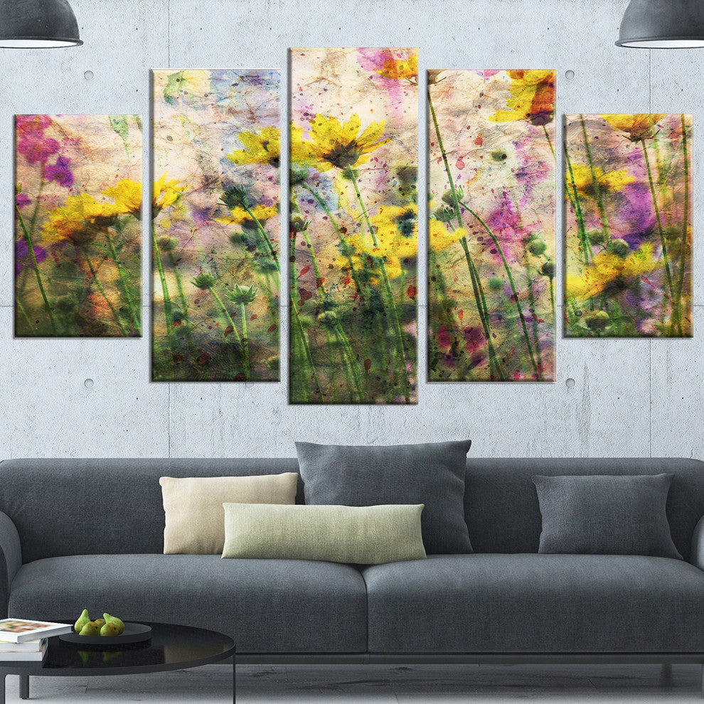 Coreopsis Flowers and Paint Splashes, Flower Art on Canvas, 60"x32", 5 Panels