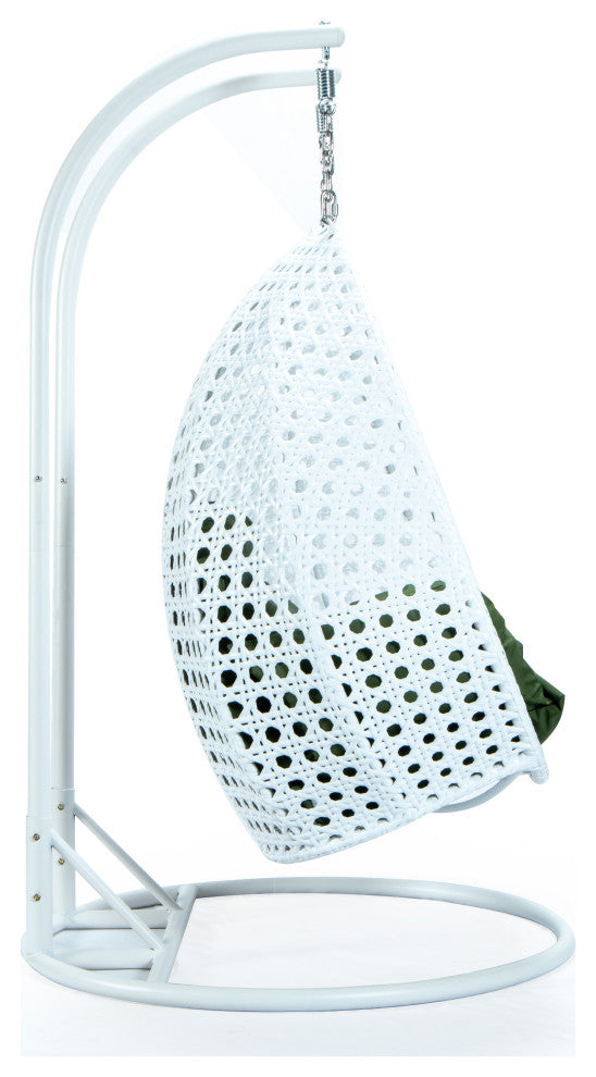 2 Person White Wicker Double Hanging Egg Swing Chair, Dark Green