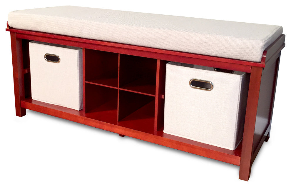 Solid Wood Entry Bench with 2 Bins and 1 Shoe Divider, Red Mahogany