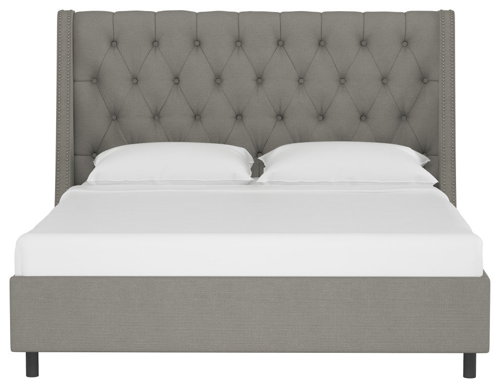 Williams King Nail Button Tufted Wingback Platform Bed, Linen Gray