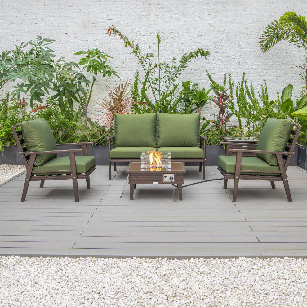 LeisureMod Walbrooke Patio Conversation Set With Fire Pit Table, Green
