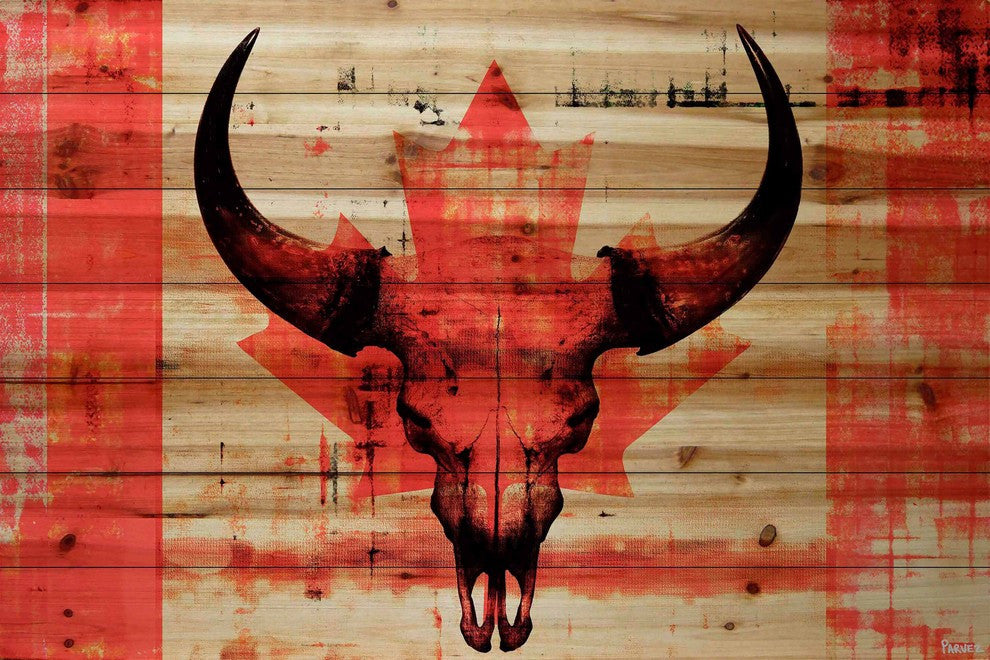 "Red Leaf Skull" Print on Natural Pine Wood, 60"x40"