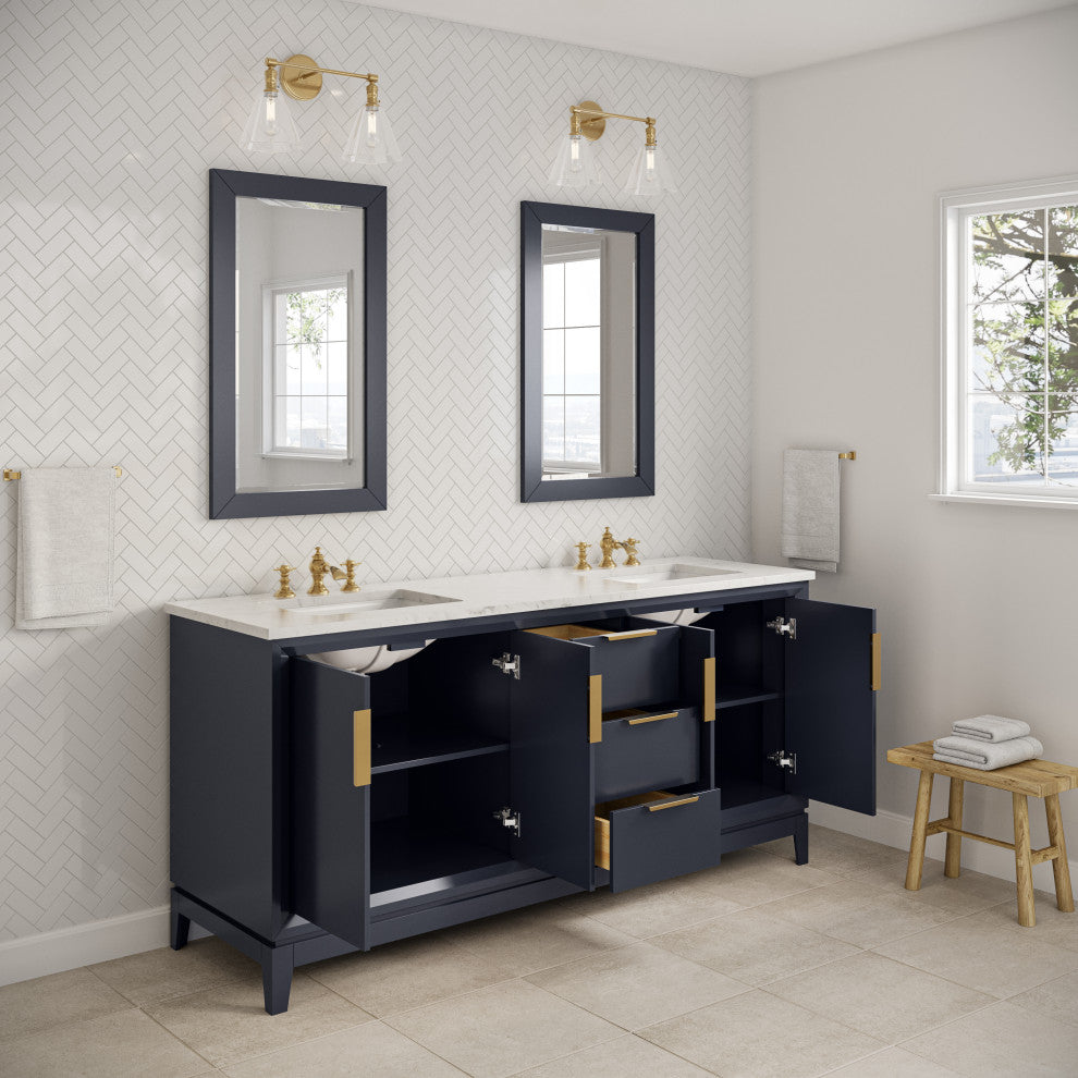Elizabeth 72" Double Sink Carrara White Marble Vanity, Monarch Blue