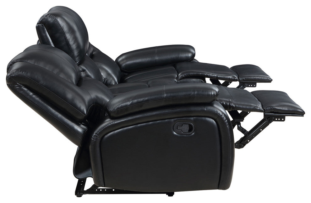 Faux Leather Manual Motion Reclining Sofa With Pillow Top Armrests, Black
