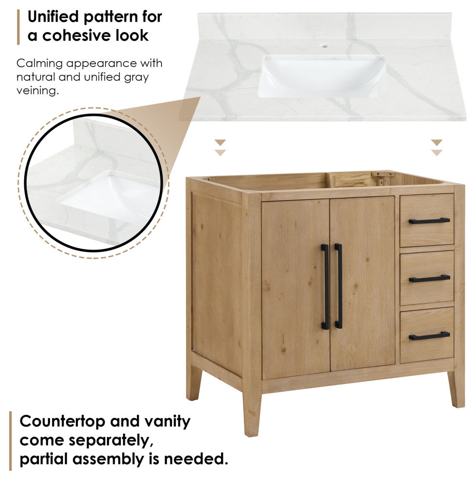 Laurel Bathroom Vanity with Calacatta White Quartz Stone Countertop, Weathered Fir, 36", Without Mirror