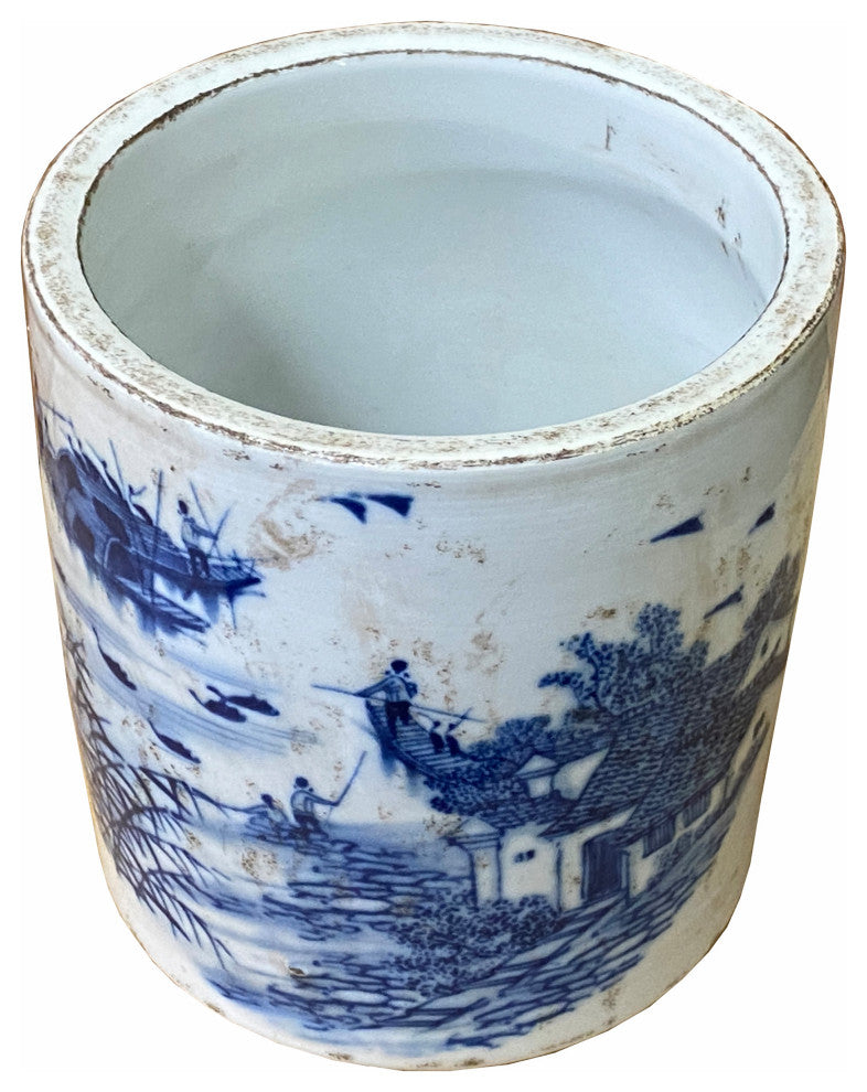 Chinese Distressed White Porcelain Blue Scenery Graphic Holder Vase Hws1844