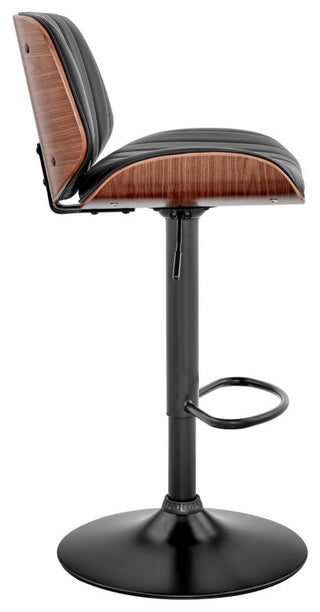 Brock Adjustable Black Faux Leather and Walnut Wood Bar Stool With Black Base