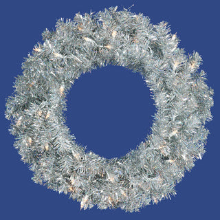 24"  Pre-Lit Sparkling Artificial Christmas Wreath, Clear Lights, Tinsel Silver