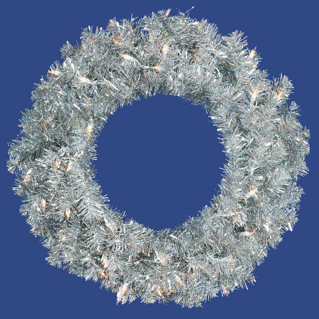 24"  Pre-Lit Sparkling Artificial Christmas Wreath, Clear Lights, Tinsel Silver