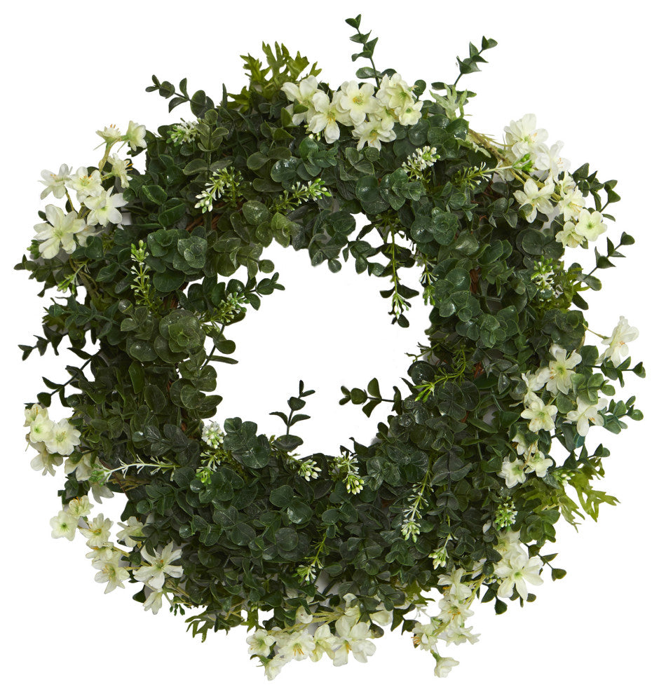 18" Eucalyptus and Dancing Daisy Double Ring Artificial Wreath With Twig Base