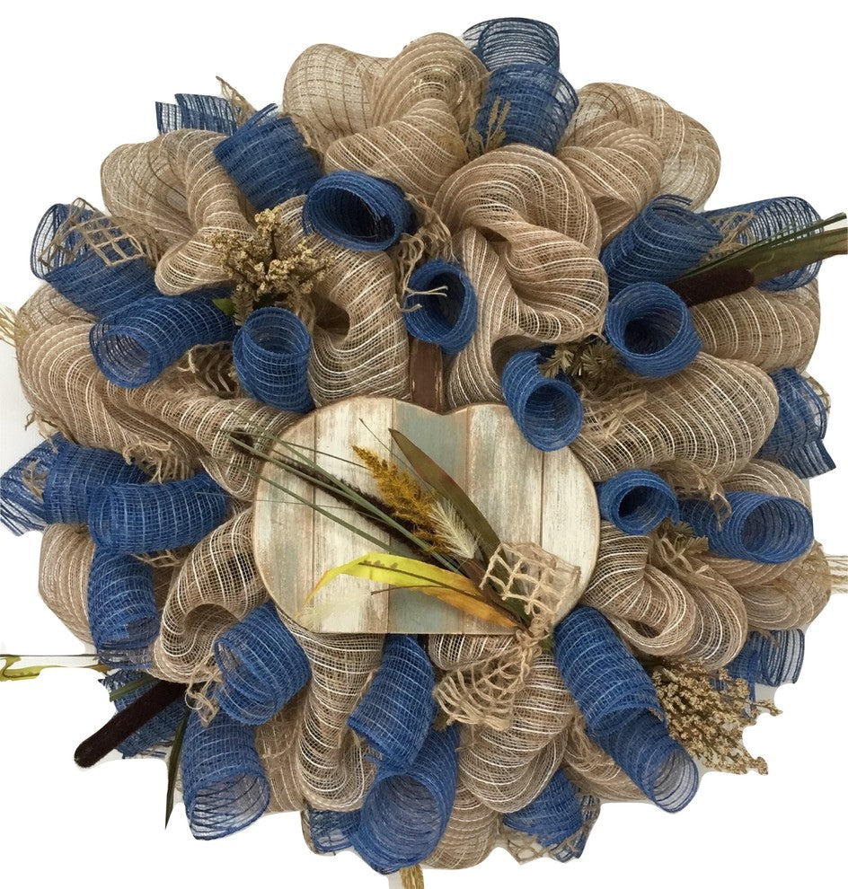 Coastal Autumn Deco Mesh Wreath With Slotted Wood Pumpkin