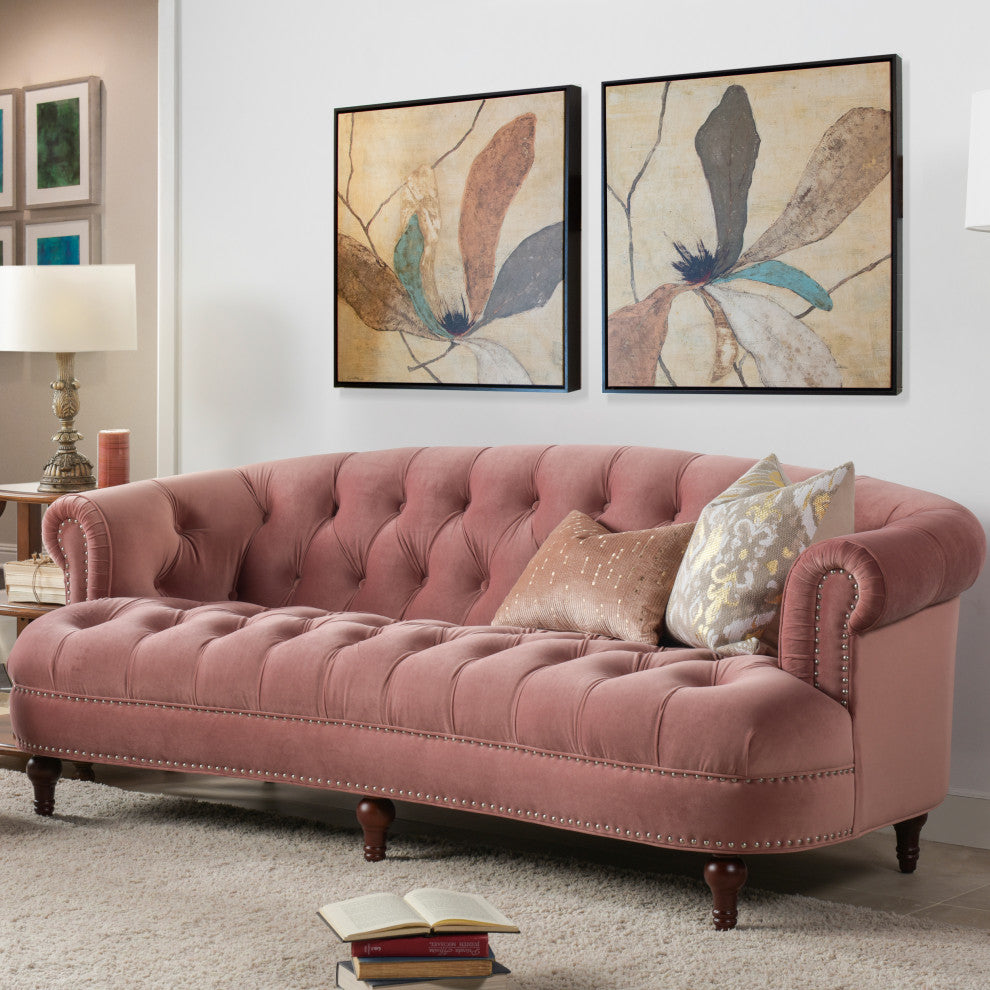 La Rosa Victorian Chesterfield Tufted Sofa, Dusty Pink Velvet