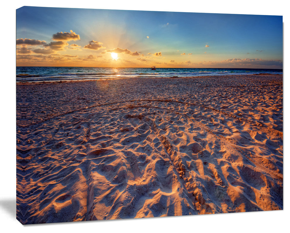 Trodden Sandy Beach at Sunset, Seashore Canvas Art Print, 60"x28"