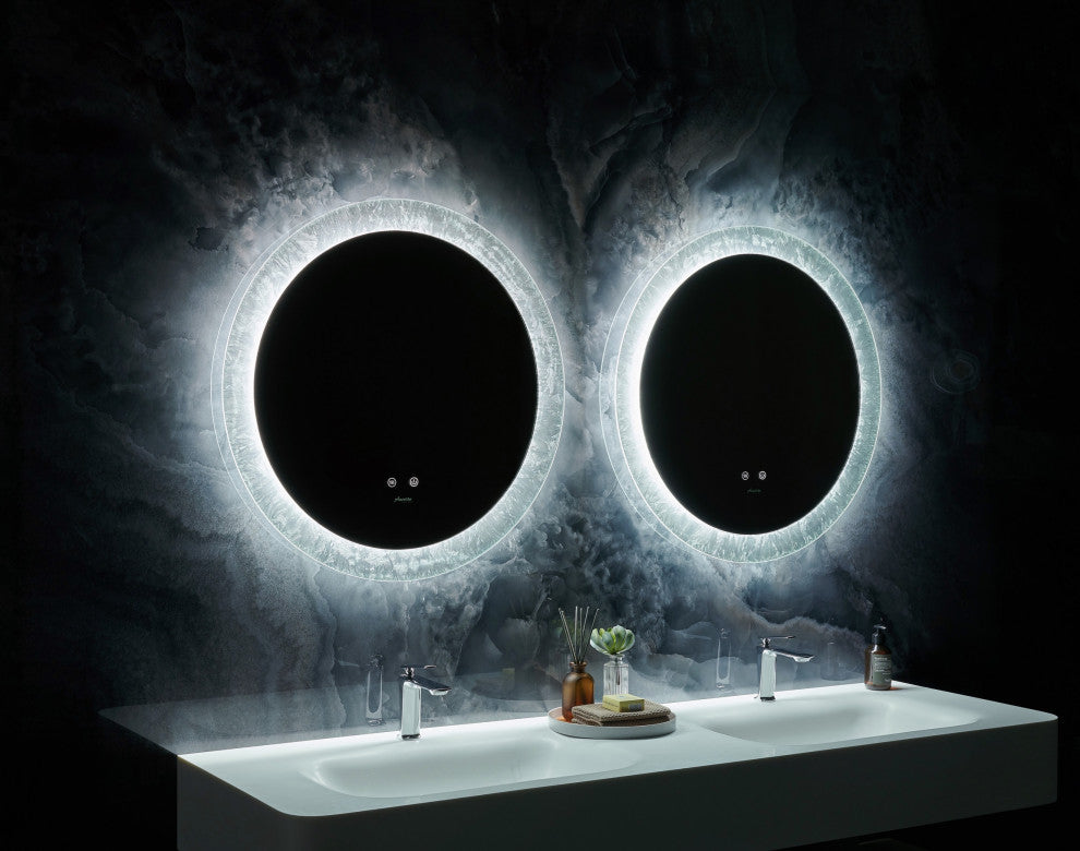 Frysta Round LED Frameless Mirror With Dimmer and Defogger, 30 Inch.