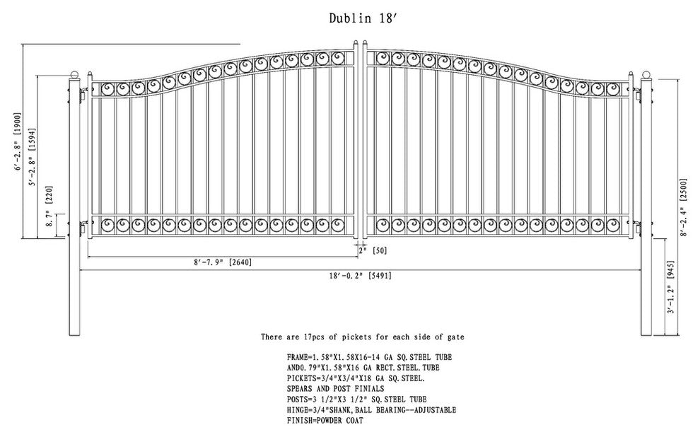 Aleko Driveway Gates Iron Wrought Steel Dublin Style, 18'