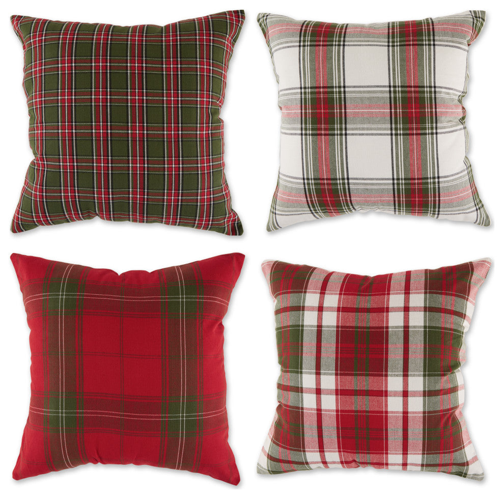 DII Asst Traditional Christmas Plaid Pillow Cover 18x18", 4 Piece