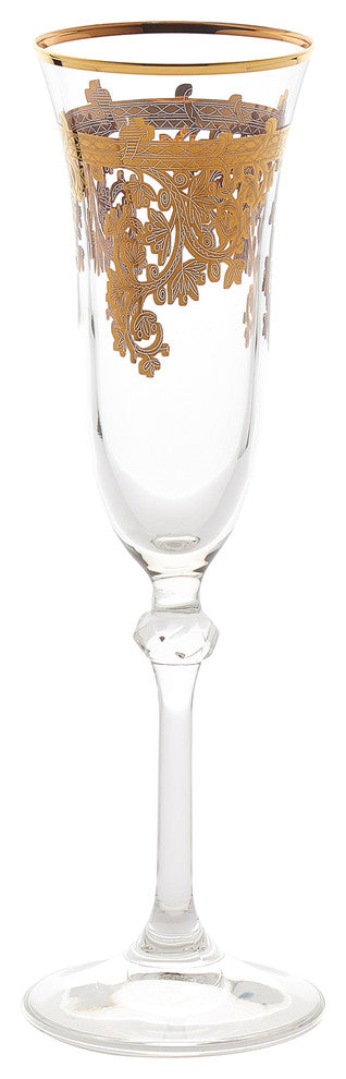 Set of 4 Embellished 24K Gold Crystal Flute Goblets-Made In Italy
