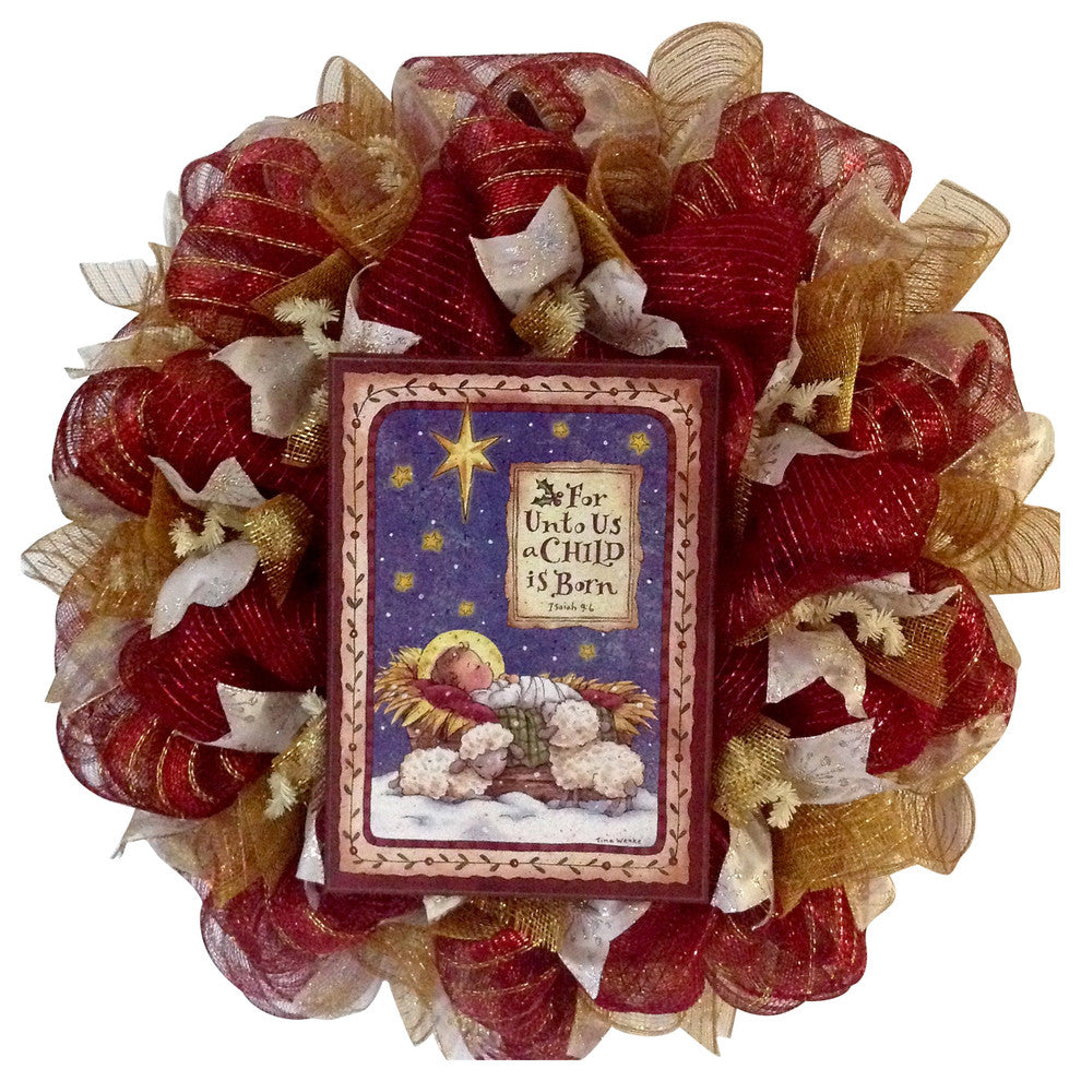 For Unto Us A Child is Born Christmas Deco Mesh Wreath Handmade