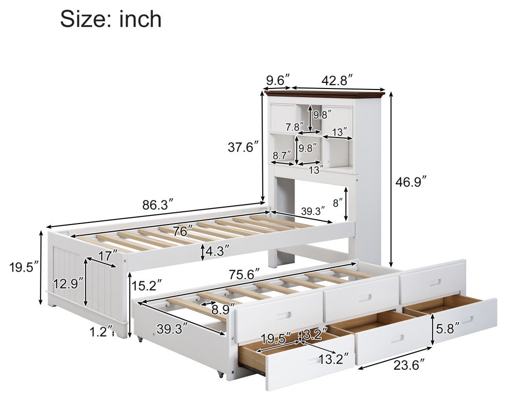 TATEUS Solid Pine Bookcase Bed and 3 Under Bed Drawers in Casual,Twin, Twin