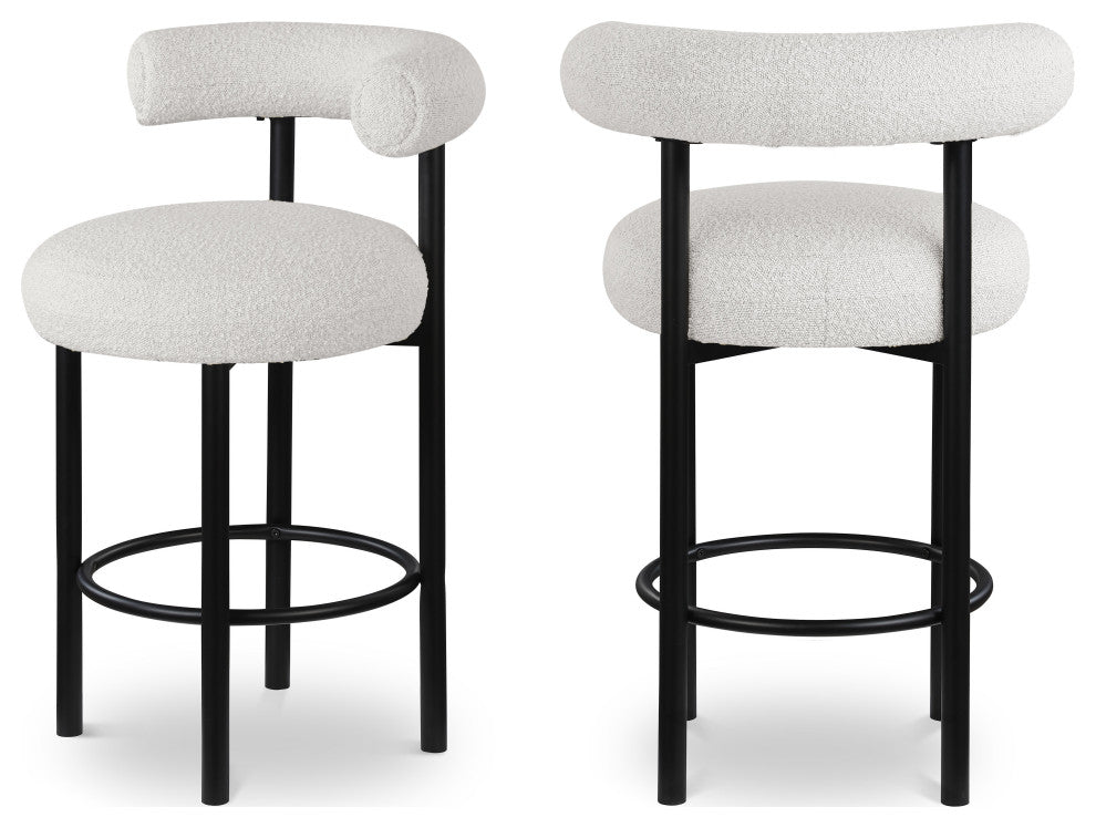 Bordeaux Upholstered Stool, Cream, Boucle Fabric, Matte Black, Set of 2