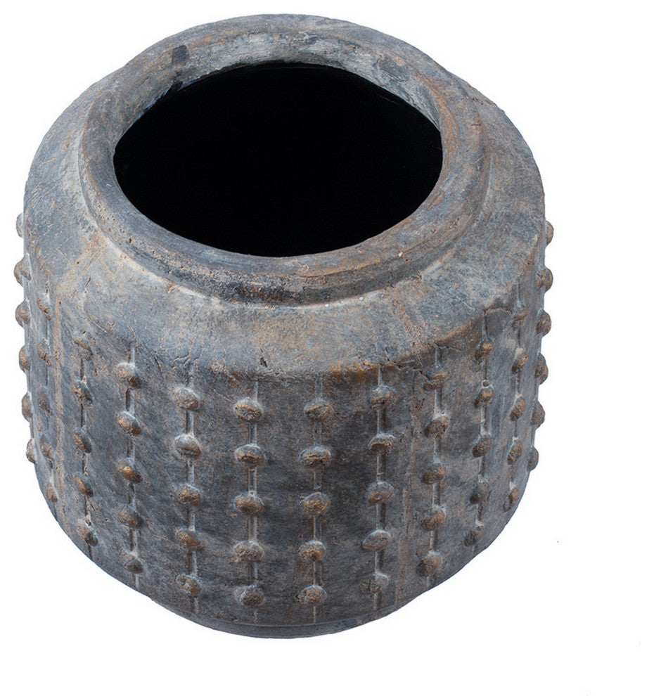 Benzara BM286298 8" Ceramic Planter, Round Curved Bubbled Texture, Gray Finish