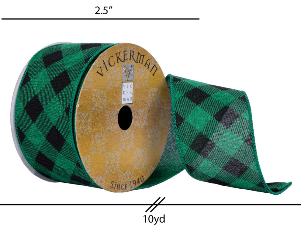 Vickerman Q201315 2.5"X10 Yard Green And Black Diamond Plaid Christmas Ribbon