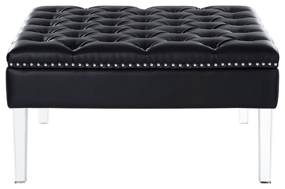 Fernanda PU Leather Tufted with Nailhead Trim  Acrylic Legs Ottoman, Black