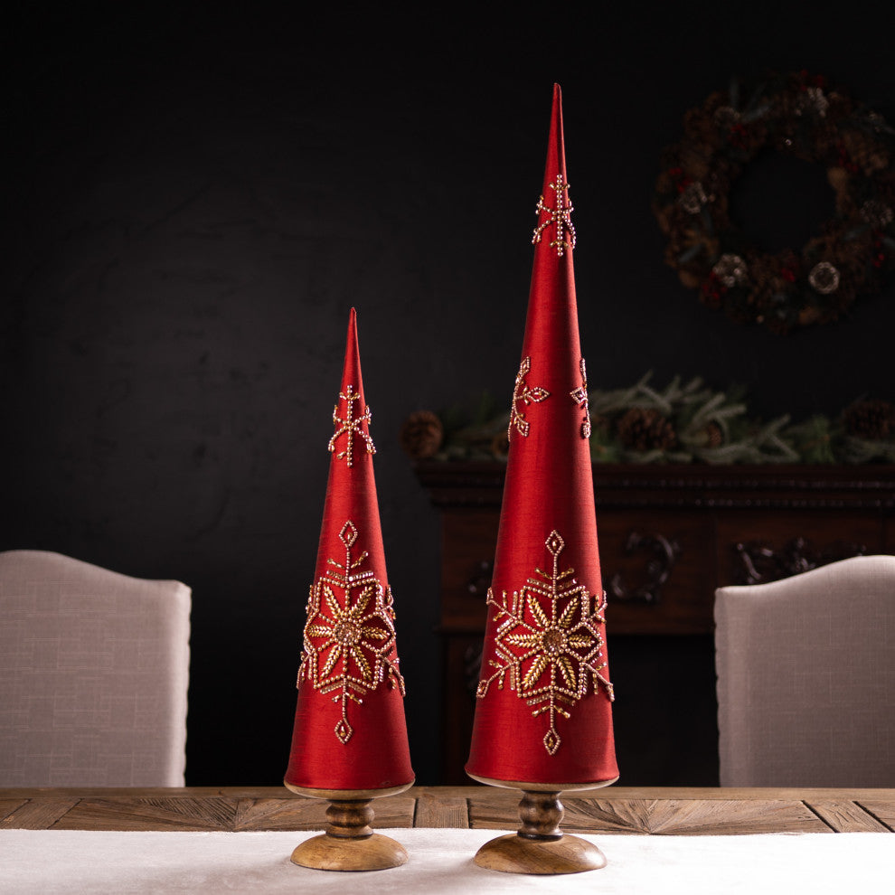 Cone Pine Tree With Beaded Snowflake, Set of 2