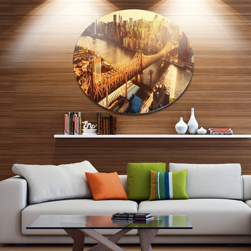 Queensboro Bridge Over East River, Cityscape Round Metal Wall Art, 11"