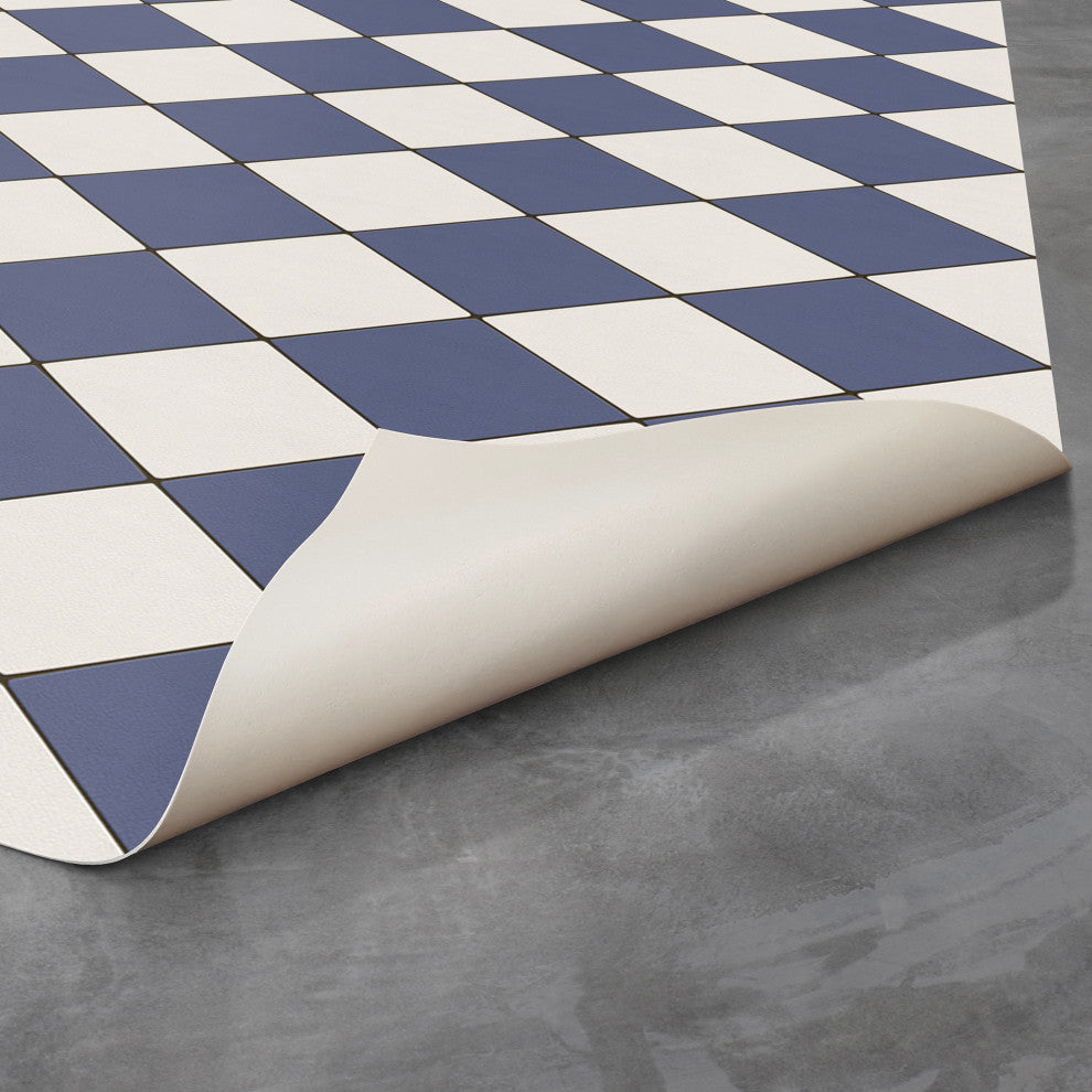 Joli Sol Checkers Blue and Ivory Vinyl Mat, 48x72 Rectangle
