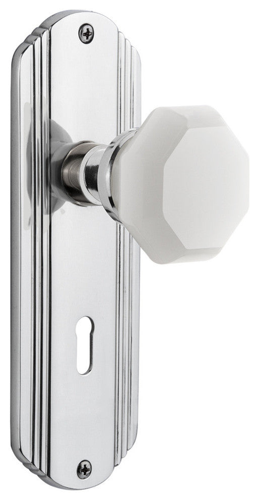 Deco Plate with Keyhole Privacy Waldorf White Milk Glass Knob, Bright Chrome