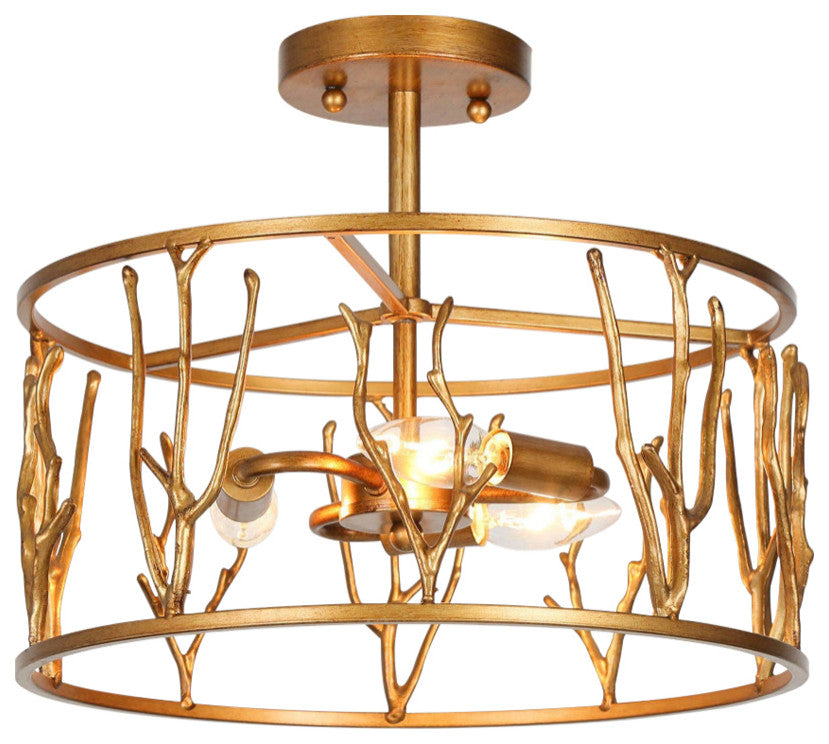 3-Lights Antique Brushed Gold and Modern Semi-Flush Mount Celling Light, 14.2"