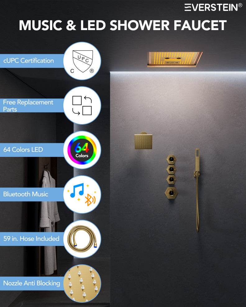 Music Shower System 16x6"Rainfall LED Shower Head With4 Way Thermostatic Faucet, Brushed Gold