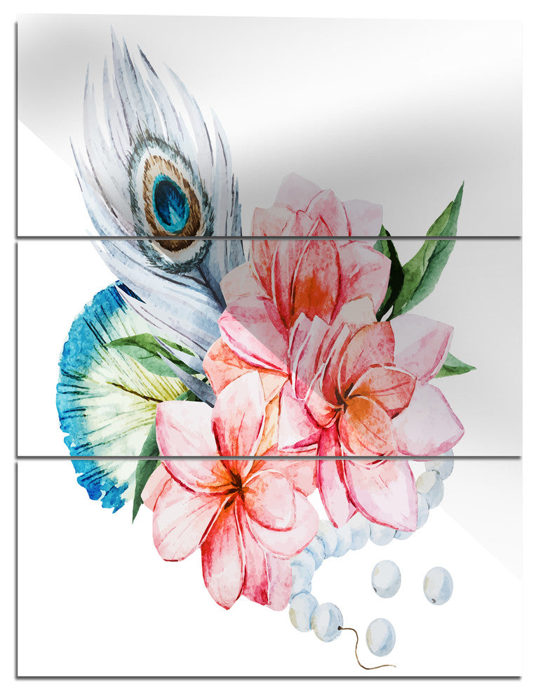 "Flowers and Peacock Feather" Glossy Metal Wall Art, 3 Panels, 28"x36"