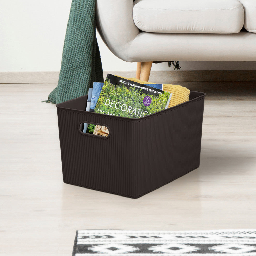 Superio Ribbed Storage Bin, Plastic Storage Basket, Brown, 22 L
