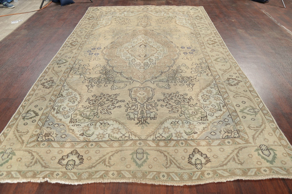 Consigned, Traditional Vintage Faded Handmade Persian Area Rug, Beige, 6x10