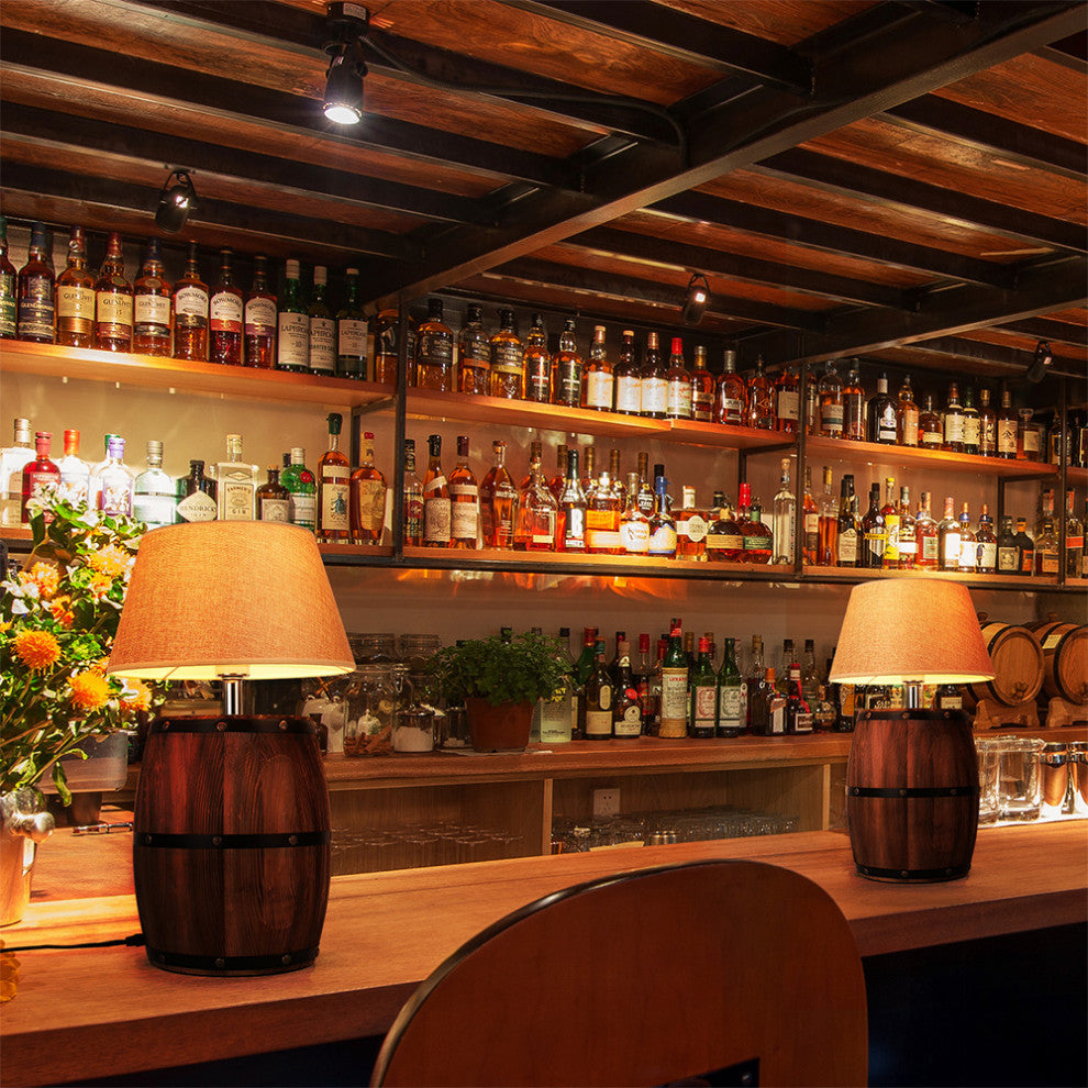 Industrial Wood Wine Barrel LED Table Lamp For Bedroom, Bar