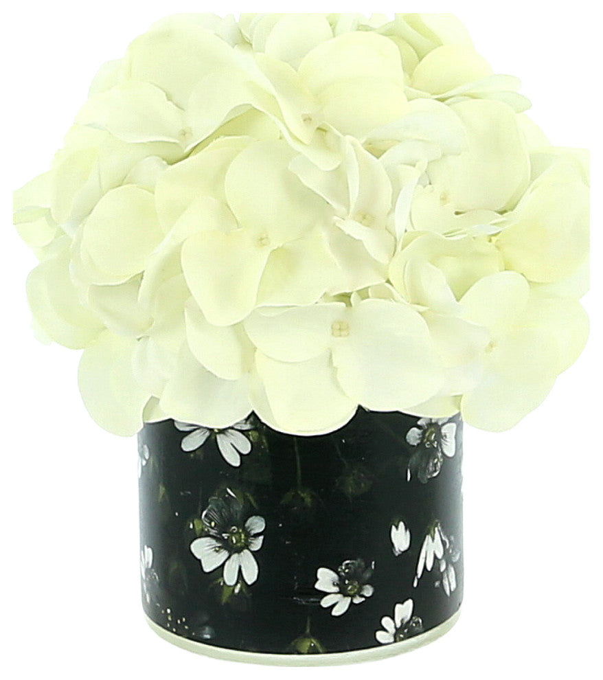 Hydrangea in a Labeled Glass Vase