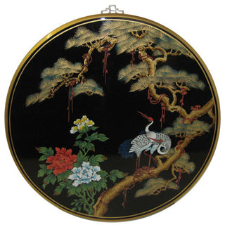 Round Oriental Wall Panel Hand-Painted, Cranes Design