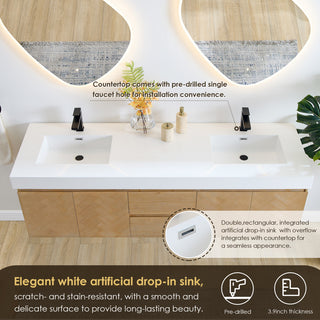 Siena Wall-mounted Single Bath Vanity, Light Brown, 72inch, No Mirror