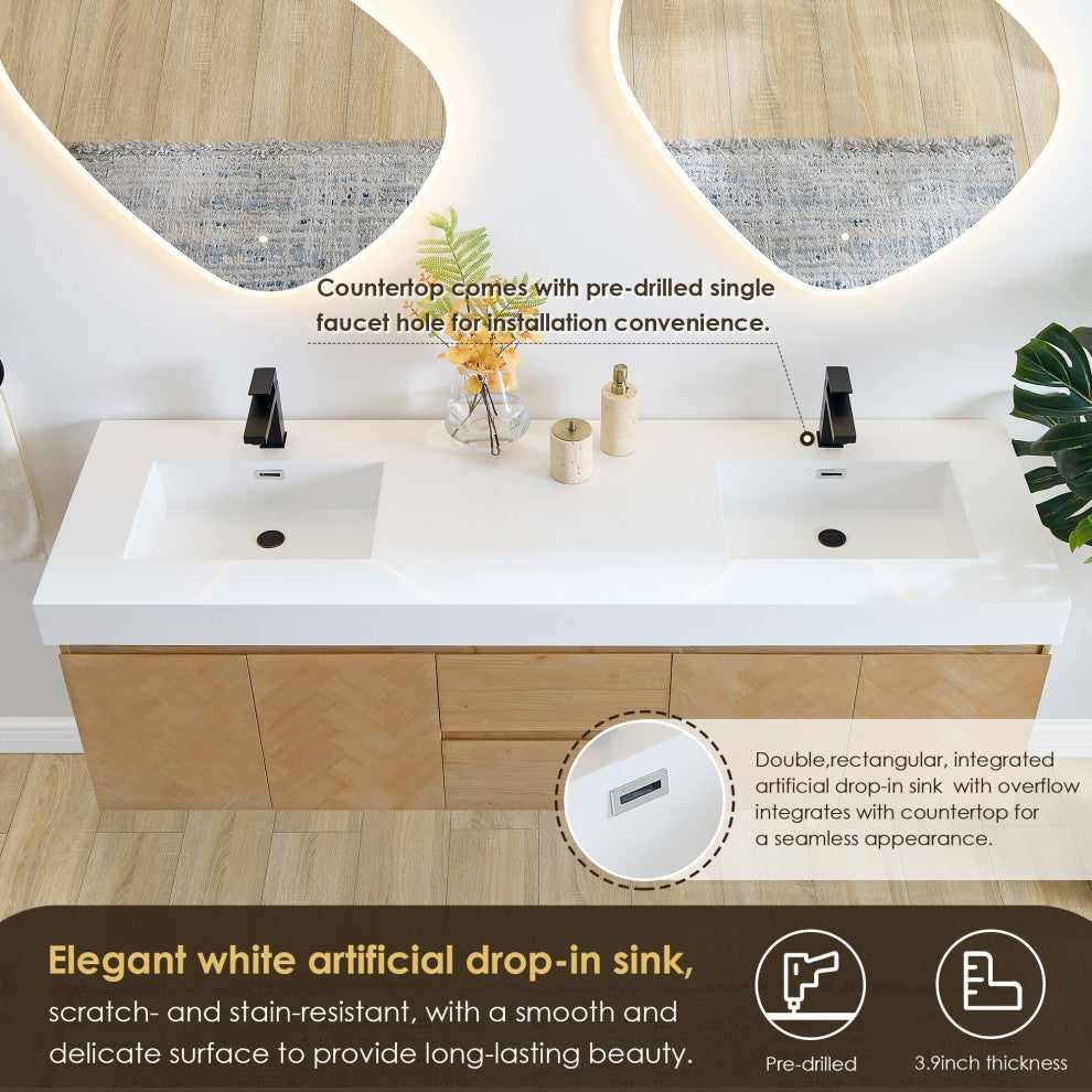 Siena Wall-mounted Single Bath Vanity, Light Brown, 72inch, No Mirror
