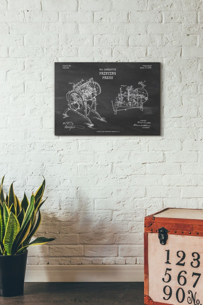 Epic Graffiti "Printing Press Blueprint Patent Chalkboard" Giclee Canvas,18"x26"