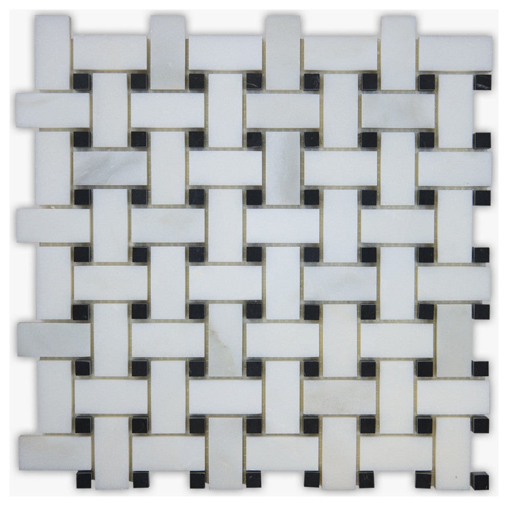 Calacatta and Black Polished 1x2 Basket Weave Marble Mosaic