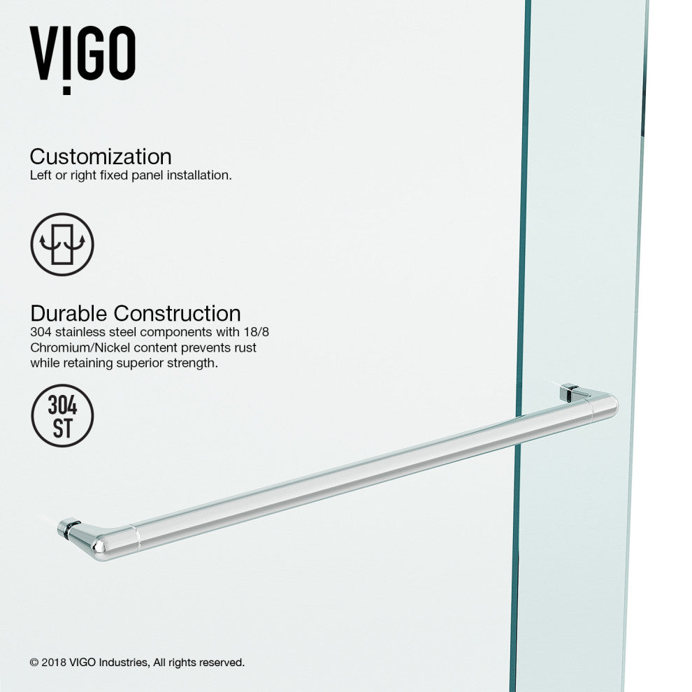 VIGO Ferrara Frameless Sliding Shower Door, Chrome, 72" to 73" W X 74" H, Clear Glass