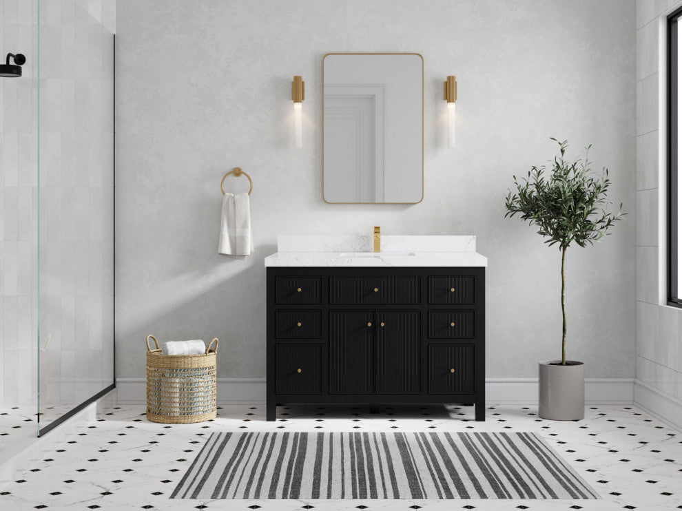 Sonoma 48 Single Sink Reeded Bath Vanity in Black 2" Empira White