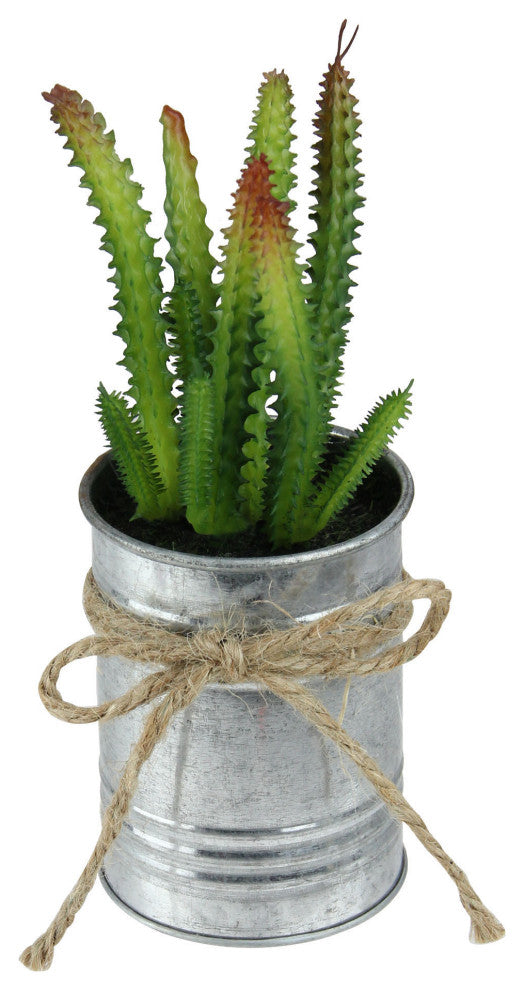 7" Green Mini Artificial Spiky Greenery in Tin Planter with Twine Bow