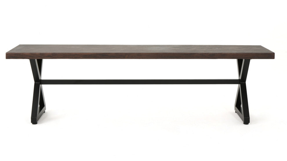 GDF Studio Rosarito Outdoor Dining Bench With Black Steel Frame, Set of 2, Brown